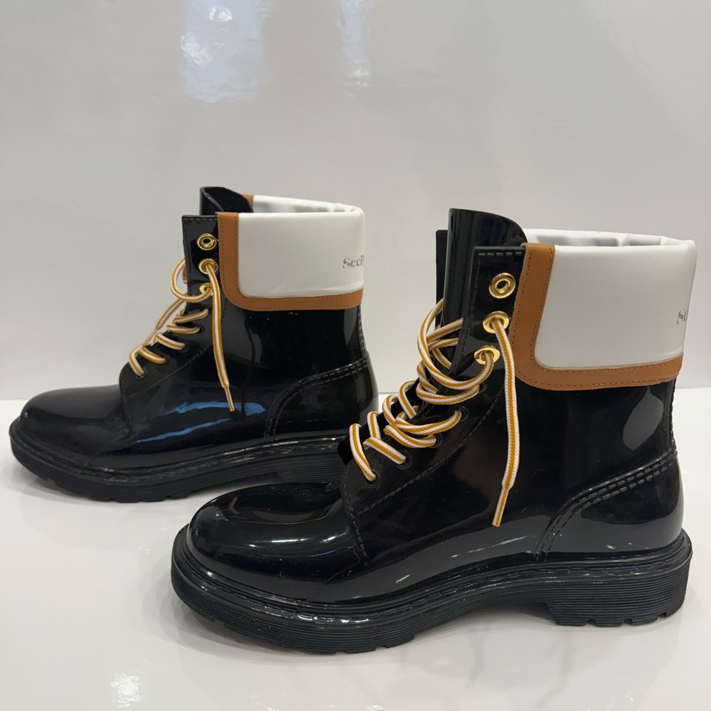 See By Chloe Black Patent Lace-Up Winter Rain Boots with White & Tan Collar